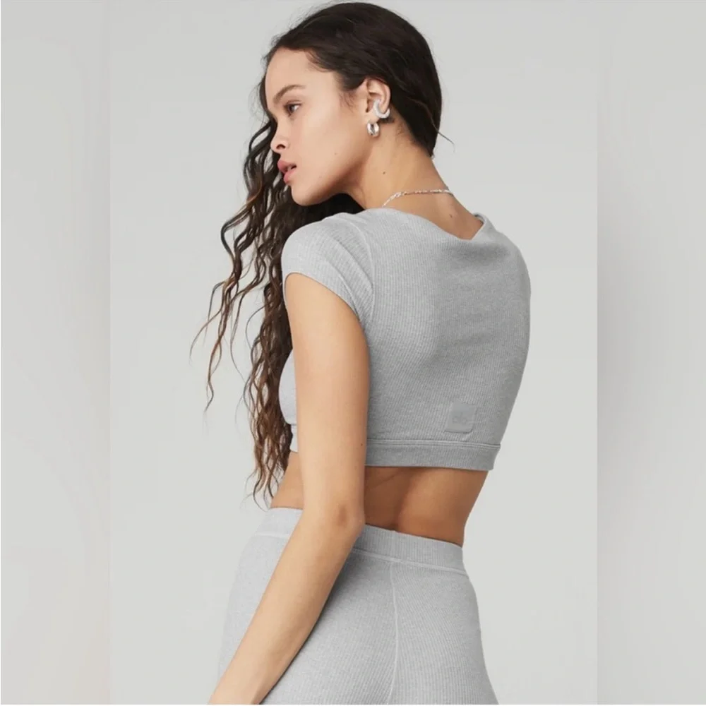 ALO Yoga Blissful Henley Bra Top Heather Gray